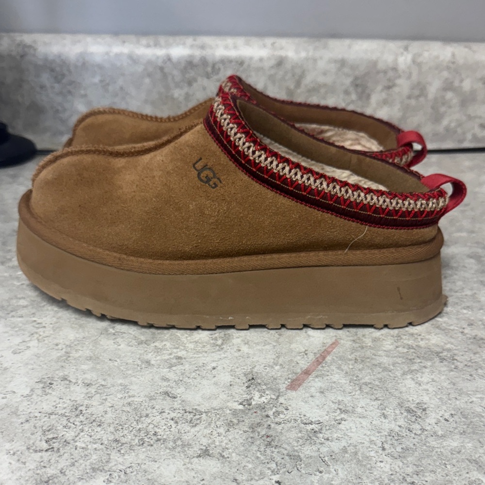 UGG Brown Suede Slip-Ons with Red Accents